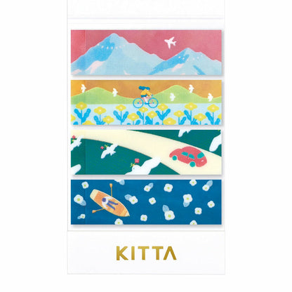 Set of colorful illustrated stickers with scenic designs and the brand 'Kitta' at the bottom.